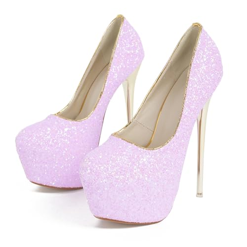 BAADCUP Thick Plateau Glitzer Pumps High Heels Sexy Damen Stiletto High Heel 16cm Party Hochzeit Kleid Schuhe (lila,45) von BAADCUP