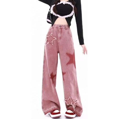 BAAFCL Damen Baggy Jeans Hip Hop Freizeit Jeans Hose mit Hoher Taille Y2K Stern Aufdruck Relaxed Fit Skateboard Weite Beinhose Harajuku E-Girl Streetwear Hose(Red,XXL) von BAAFCL