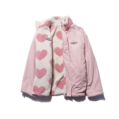 BAAFCL Damen Winter Langarm Kawaii Herz Aufdruck Reißverschluss E-Girl Unisex Y2K Baggy Wendejacke Mantel Herren mit Taschen Warme Fleece Oberteile Streetwear(Pink,L) von BAAFCL