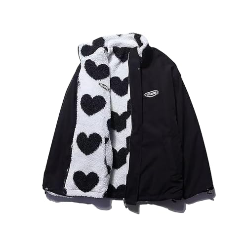 BAAFCL Damen Winter Langarm Kawaii Herz Aufdruck Reißverschluss E-Girl Unisex Y2K Baggy Wendejacke Mantel Herren mit Taschen Warme Fleece Oberteile Streetwear(Schwarz,M) von BAAFCL