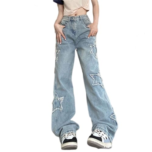 Baggy Cargo Jeans für Damen Im Grunge Stil Y2K Sterndruck Hohe Taille Weites Bein Verwaschener Distressed Denim (Color : Blue, Size : S) von BAAFCL