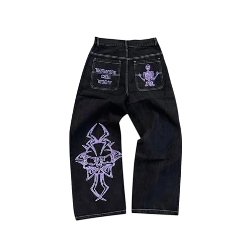 Männer Baggy Y2k Jeans Grunge Grafik Jeans Hosen Lose Fit Denim Streetwear Hip Hop Schädel Stickerei Lose Fit Hosen (Color : B, Size : M) von BAAFCL