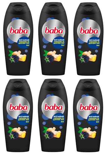 (Pack of 6) BABA Men Shower Gel 2 in 1 Wild Blackberry & Ginger Scent -Body, Face - Original Hungarian 6 x 400 ml - (6ER-PACK) BABA Mann Duschgel 2 in 1 Brombeere & Ingwer Duft Original Ungarisch von BABA