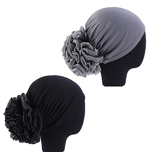 1 Pack/2 Packungen Frauen Blume Elastische Turban Beanie Head Wrap Chemo-Kappe Hut, 2 Stück - Schwarz & Grau, Einheitsgröße 1 Pack/2 Packungen Frauen Blume Elastische Turban Beanie Head Wrap Chemo-Kappe Hut, 2 Stück - Schwarz & Grau, Einheitsgröße von BABAHU