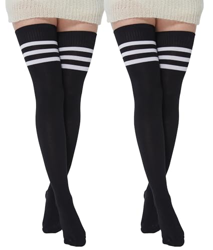 BABAHU Extra lange Overknee-Socken für Damen, Baumwolle, gestreift, A-Z, Schwarz, 2 Stück, Einheitsgröße von BABAHU