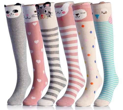 BABAHU Mädchen Kniehohe Lange Socken für Kind 6 Paar Lustiges Tiermuster Hoch Verrückt Niedlich Mädchen Geschenk Stiefel Lustige Kinder Socken Einheitsgröße, S-005, 3-12 Jahre von BABAHU