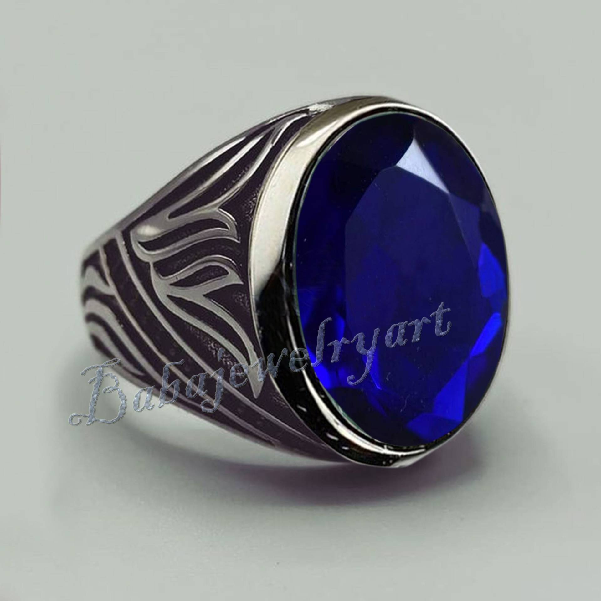 Blauer Saphir Ring, 925 Sterling Silber Männer Edelstein Schwerer Blauer Quarz Ring Männer, Ovaler Siegelring von BABAJEWELLERYART