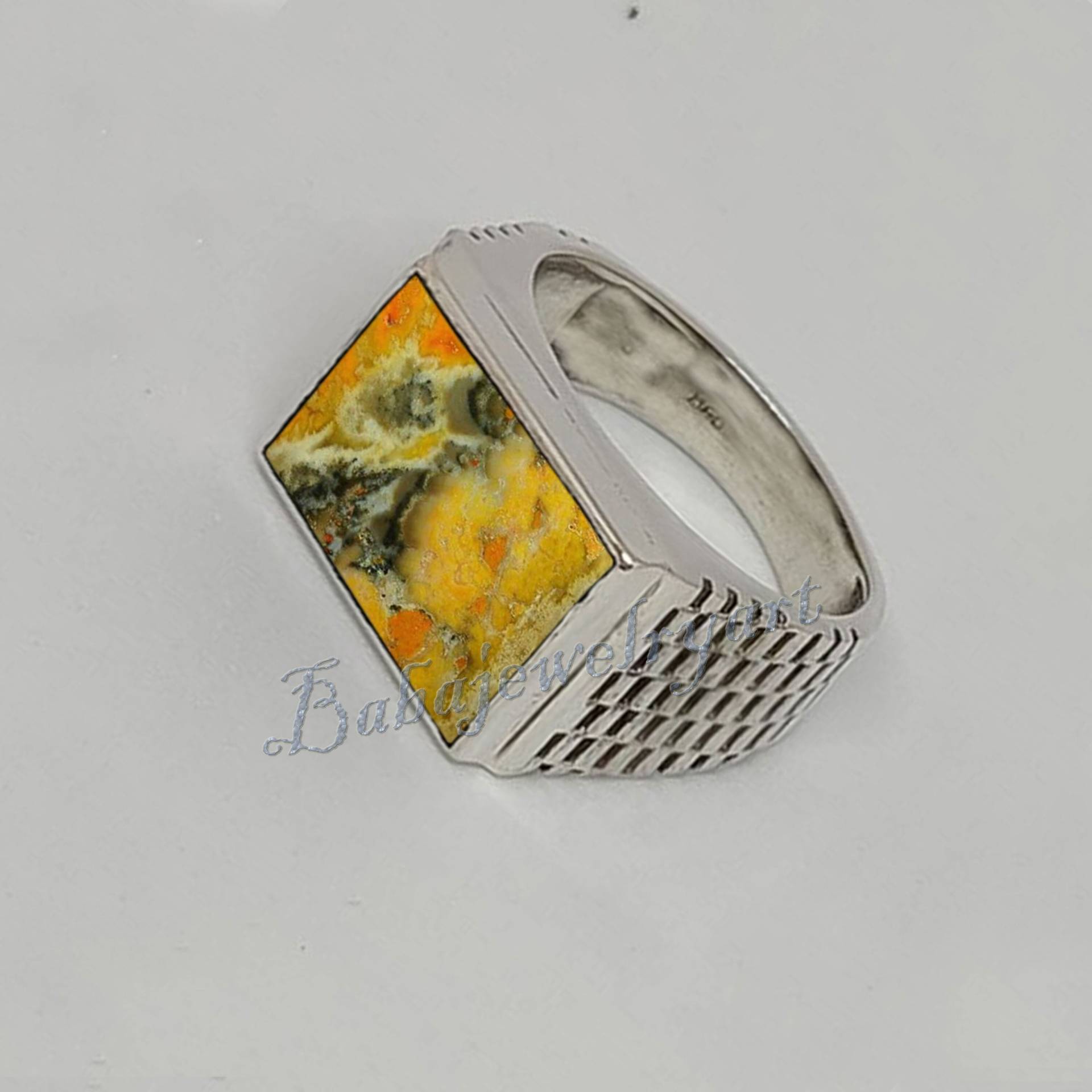 Bumble Bee Jaspis Ring, Schwerer Herrenring, 925 Sterling Silber Herren Edelstein Gelber Art Deco Siegelring von BABAJEWELLERYART