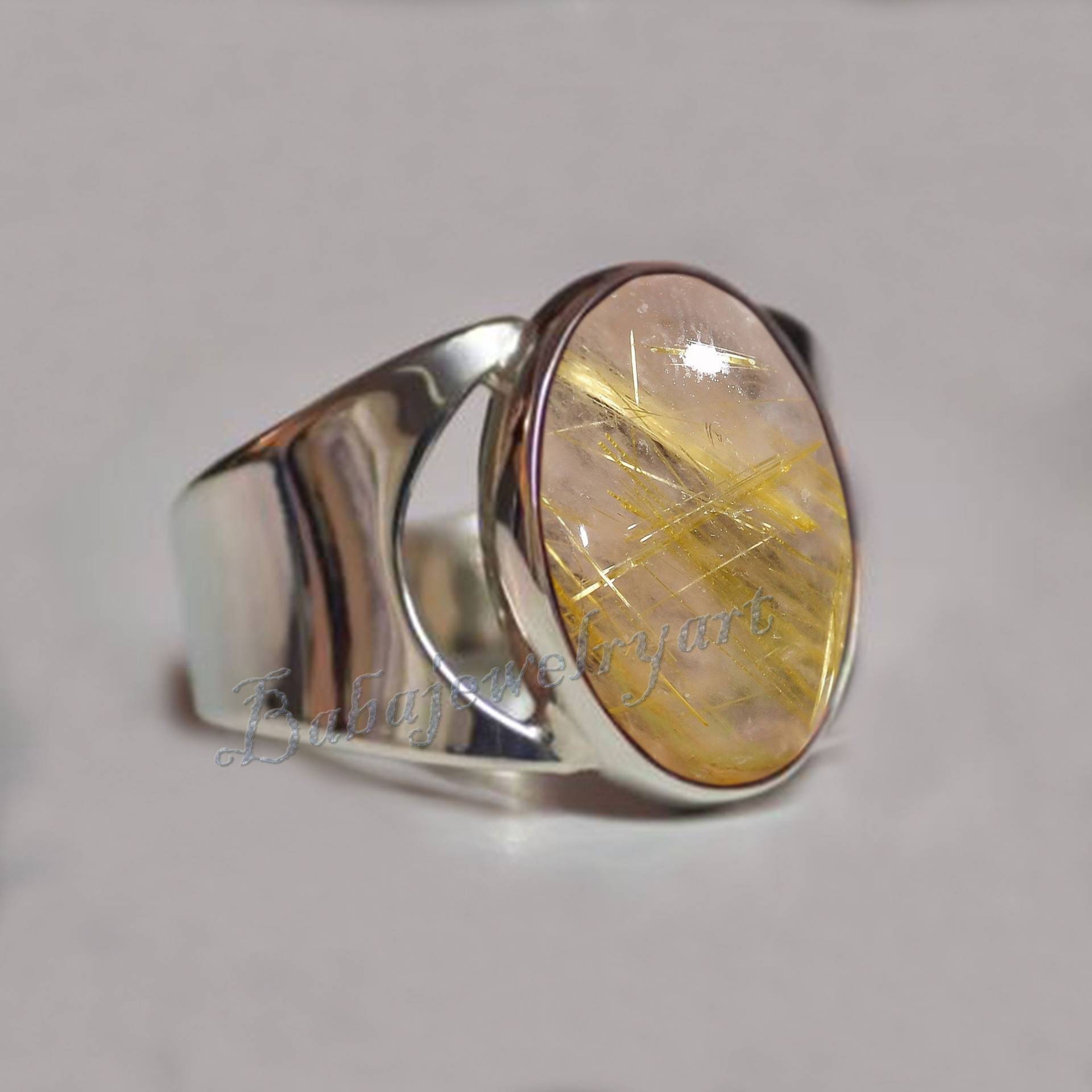 Goldener Rutil Ring, 925 Sterling Silber Herren Edelstein Quarz Pinky Art Deco Gold Rutile Mens Signet Ring von BABAJEWELLERYART