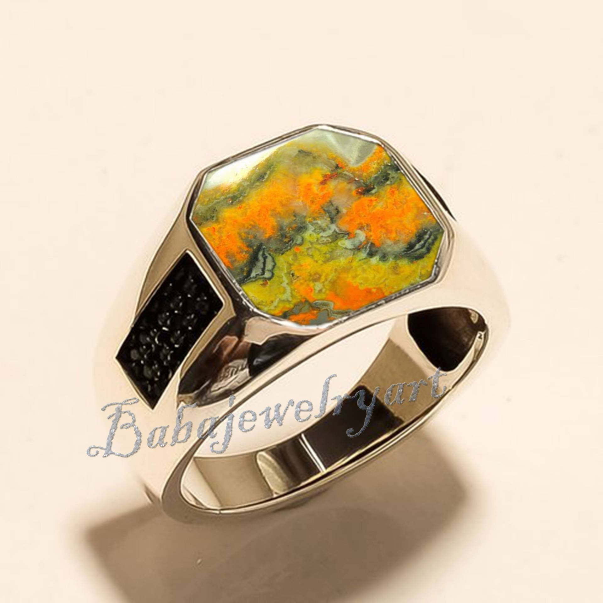 Guanine Hummel Jaspis Ring, Schwerer Ring Für Männer, Herren Edelstein Gelber von BABAJEWELLERYART