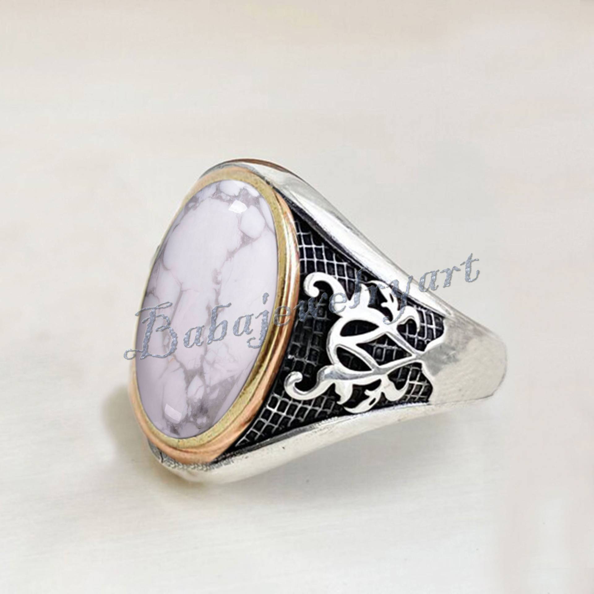 Howlith Ring, Herren Natürlicher 925 Sterling Silber Ring Herren, Riesiger Edelstein Einzigartiger Weißer Stein von BABAJEWELLERYART