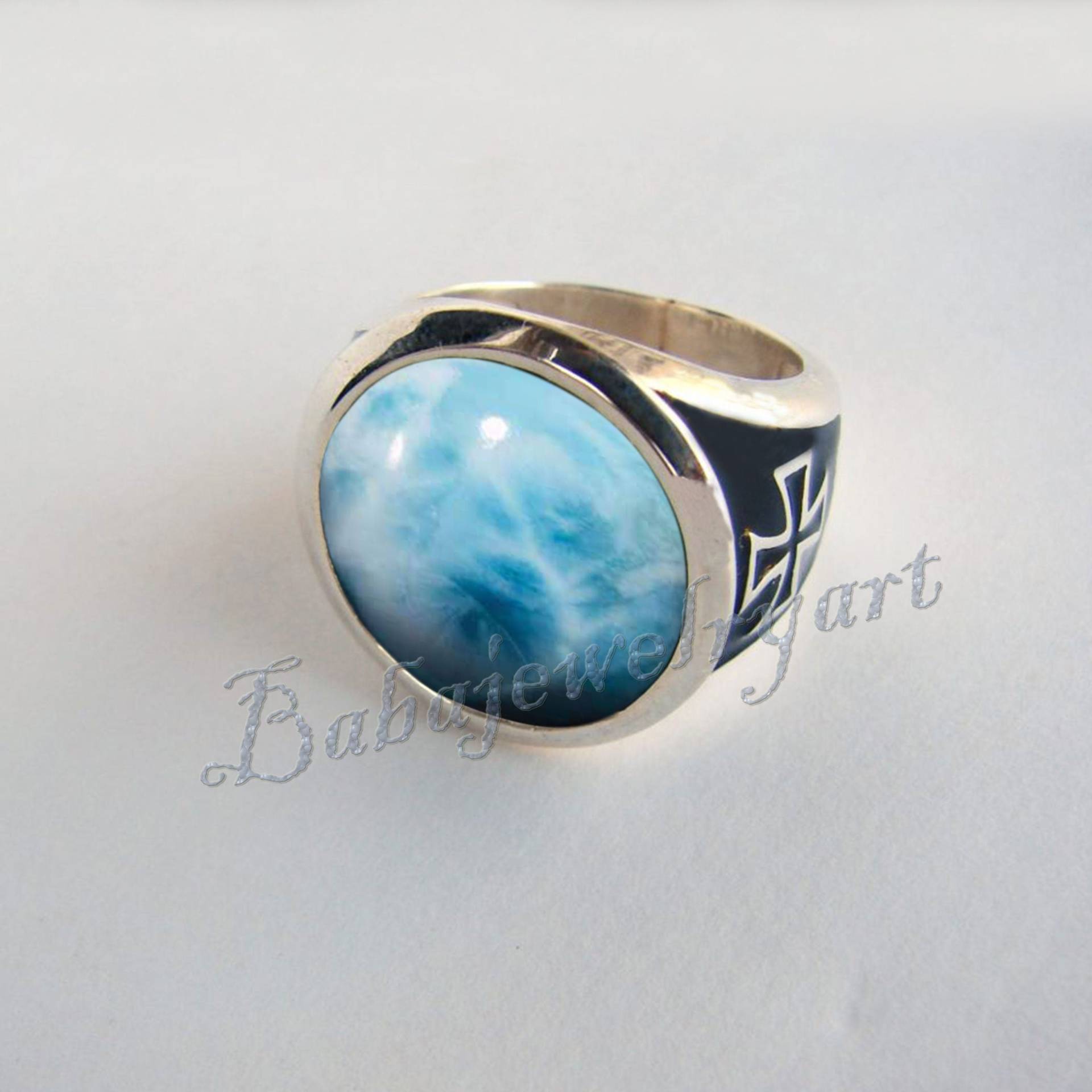 Larimar Ring, 925 Silber Runder Männer Herren Siegelring, Edelstein Art-Deco-Ring Geschenk Für Ihn von BABAJEWELLERYART