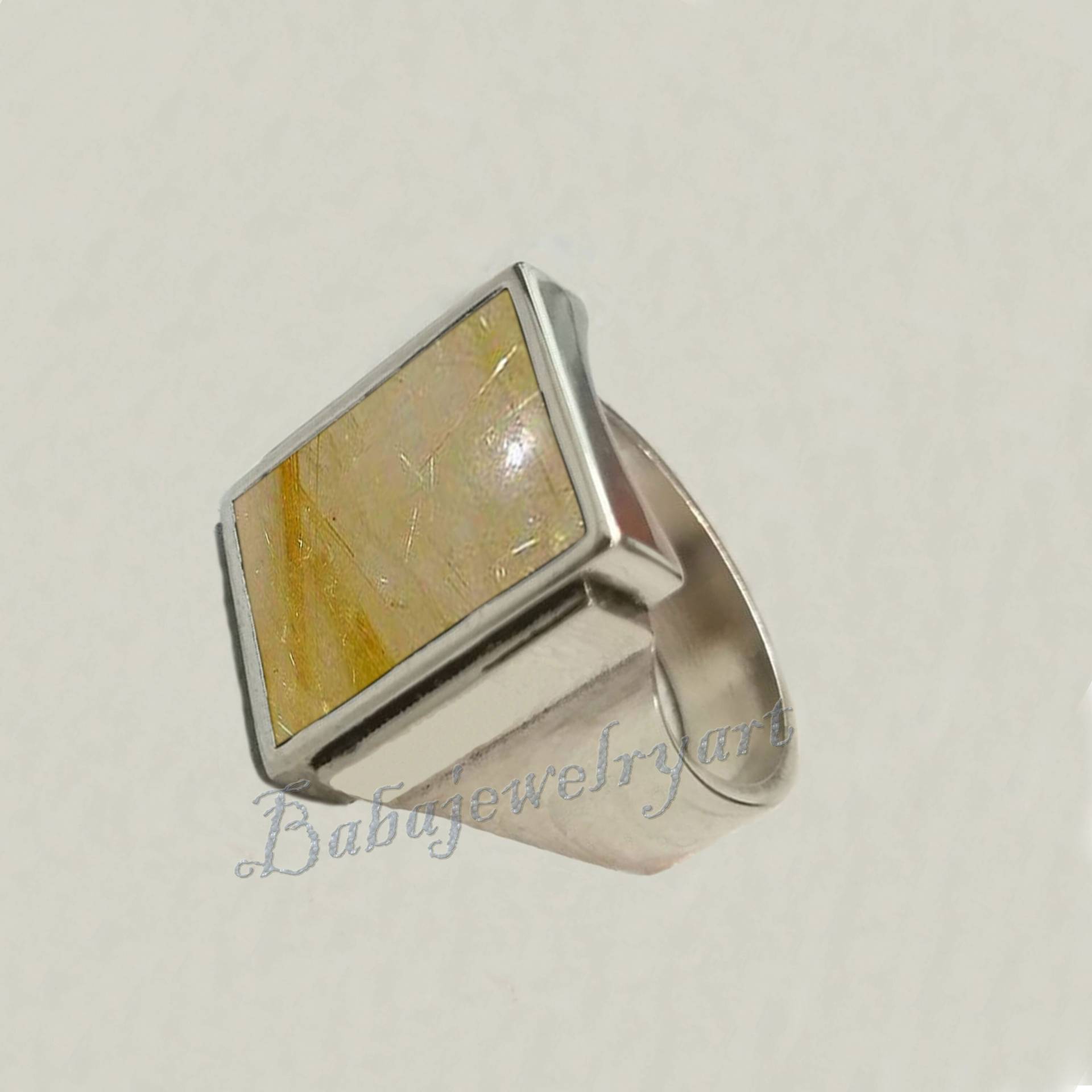 Natürlicher Goldener Rutil Ring, 925 Sterling Silber Herren Edelstein Quarz Pinky Art Deco Gold Ring von BABAJEWELLERYART