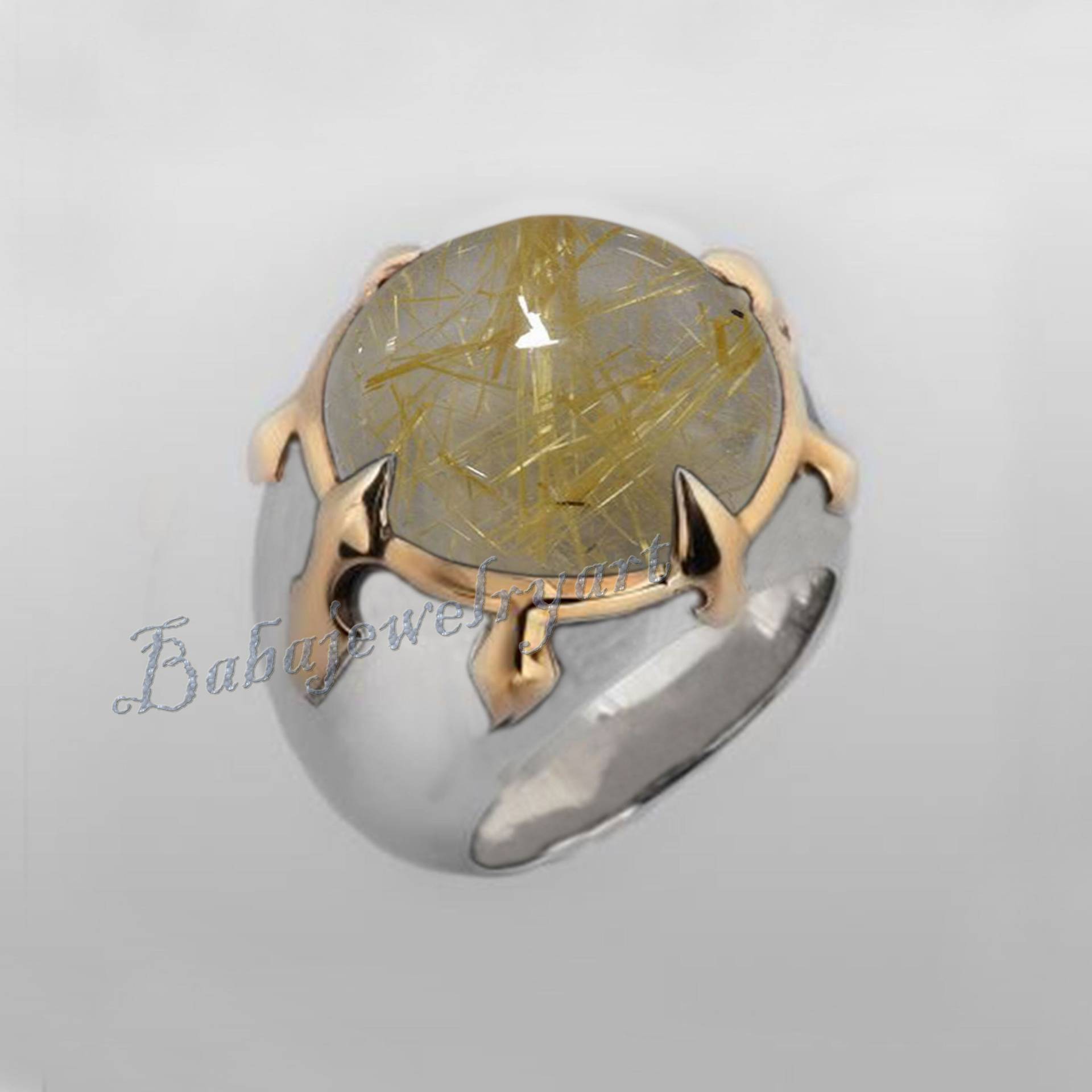 Natürlicher Goldener Rutil Ring, 925 Sterling Silber Herren Edelstein Runder Quarz Pinky Art Deco Ring von BABAJEWELLERYART