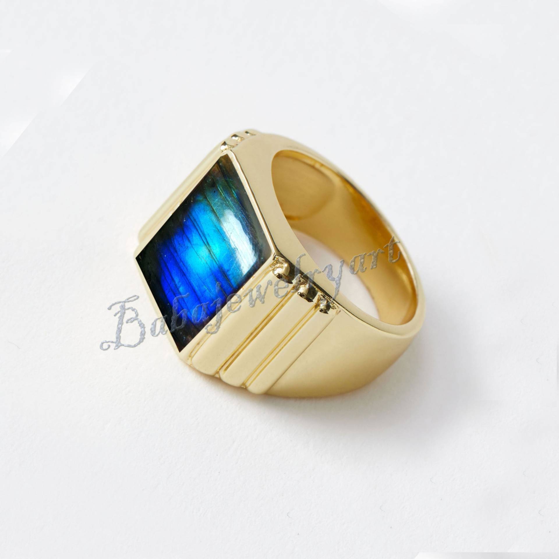 Natürlicher Labradorit Ring, 925 Silber Gold Policed Schwerer Ringe Für Herren, Herren Edelstein Geschenk Mann Pinky Ring von BABAJEWELLERYART