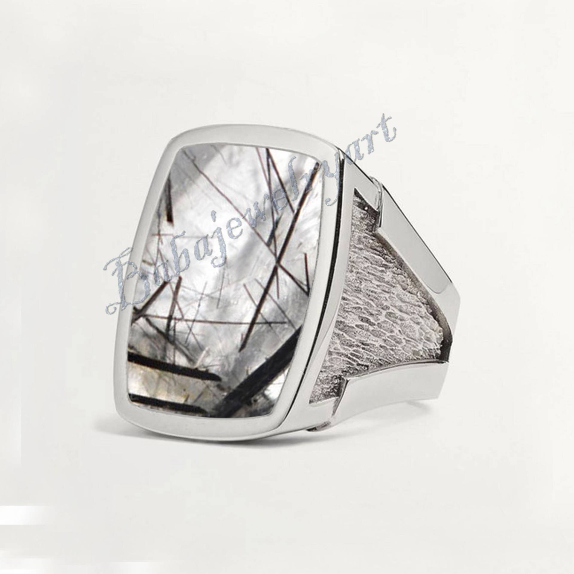 Natürlicher Schwarzer Rutil Ring, Herren Turmalin 925 Silber Großer Edelstein Rutilquarz Schwerer Ring von BABAJEWELLERYART