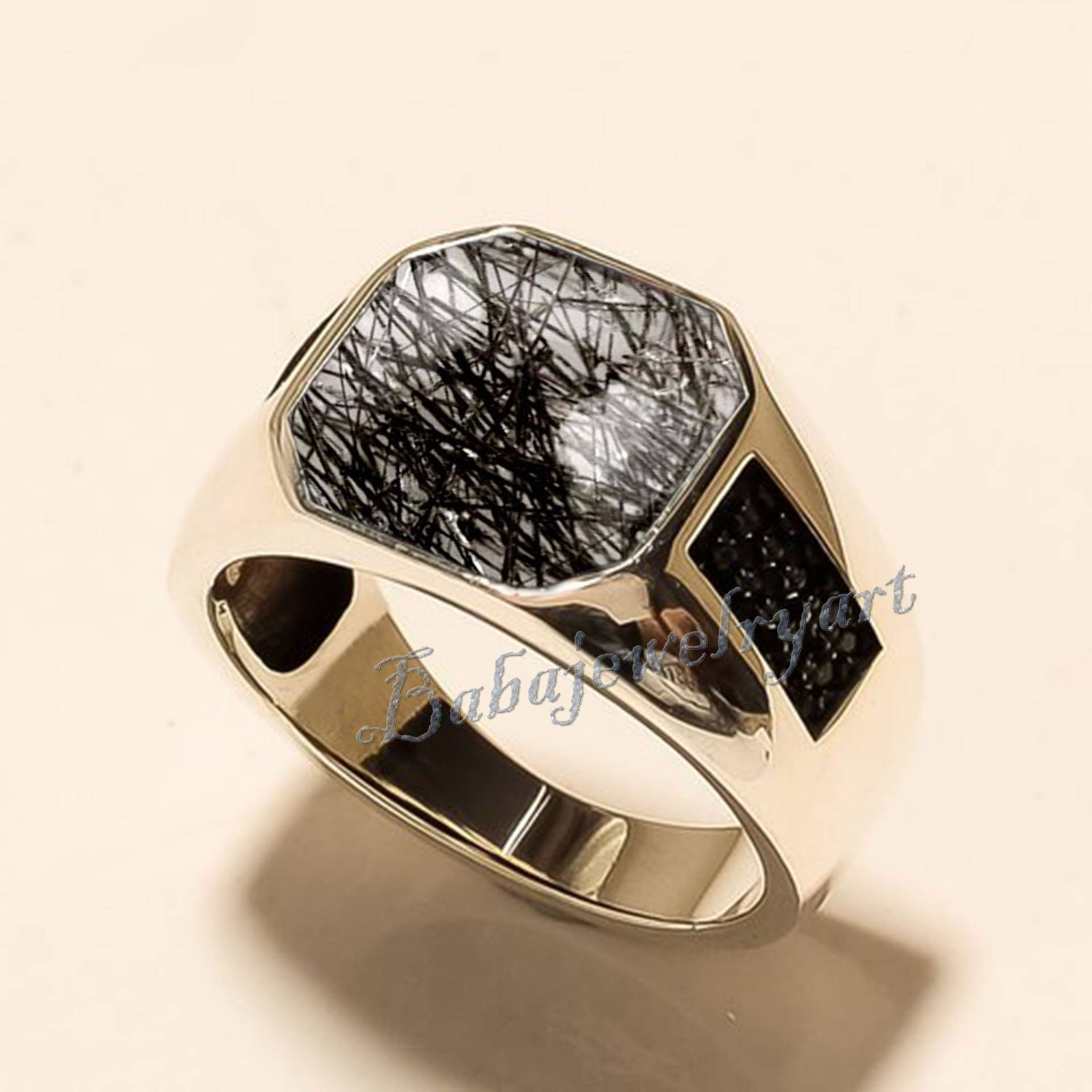 Natürlicher Schwarzer Rutilquarz Ring, 925 Sterling Silber Herren Edelstein Stein Pinky Siegelring, Geschenk Für Vater, Ehemann von BABAJEWELLERYART