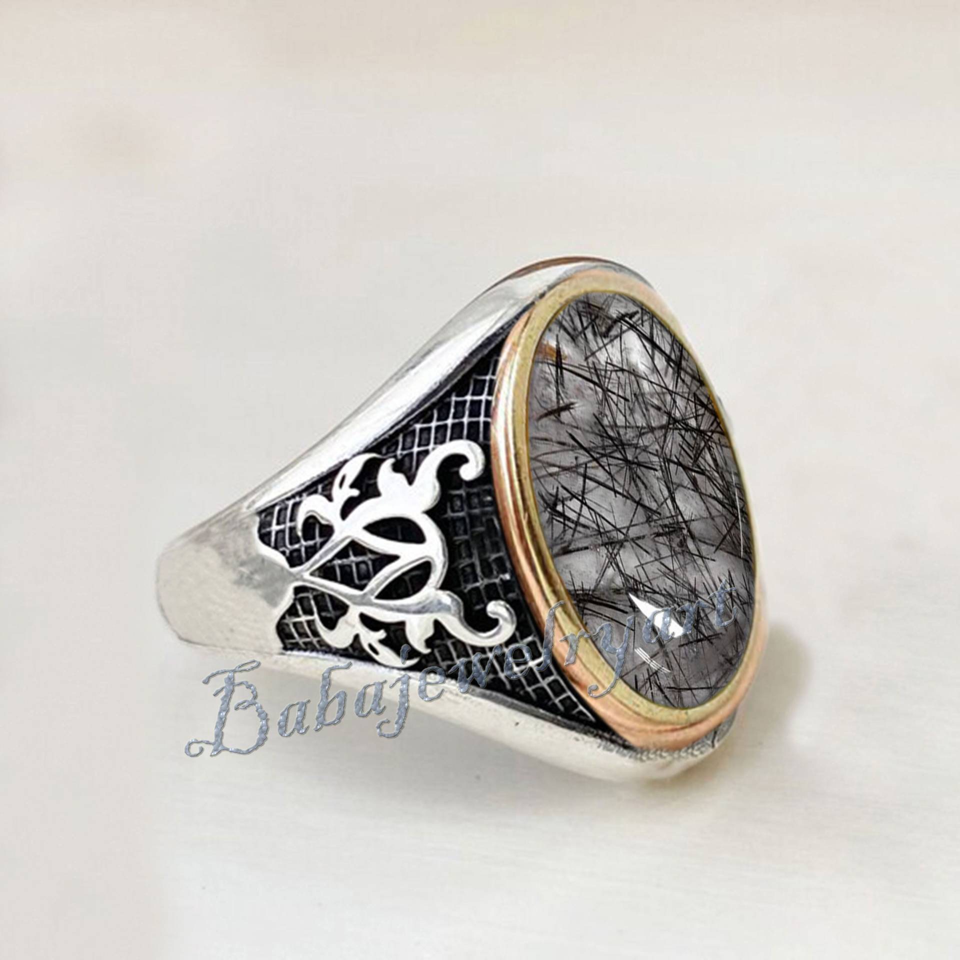 Natürlicher Schwarzer Rutilquarz Ring, 925 Sterling Silber Ring Männer von BABAJEWELLERYART