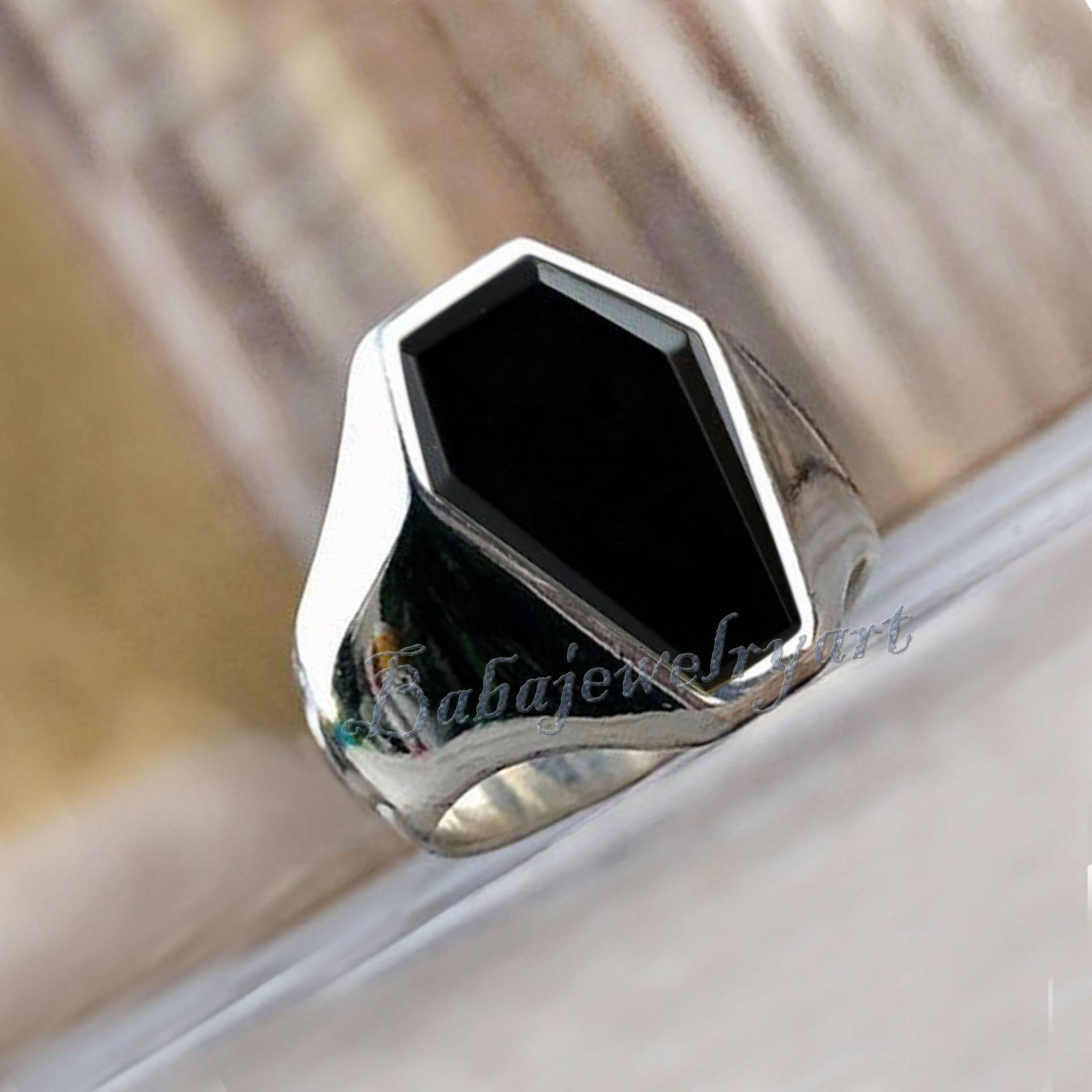 Schwarz Onyx Ring, Schwarzer Sarg 925 Sterling Silber Herren Edelstein Siegelring, Halloween Party Ring von BABAJEWELLERYART