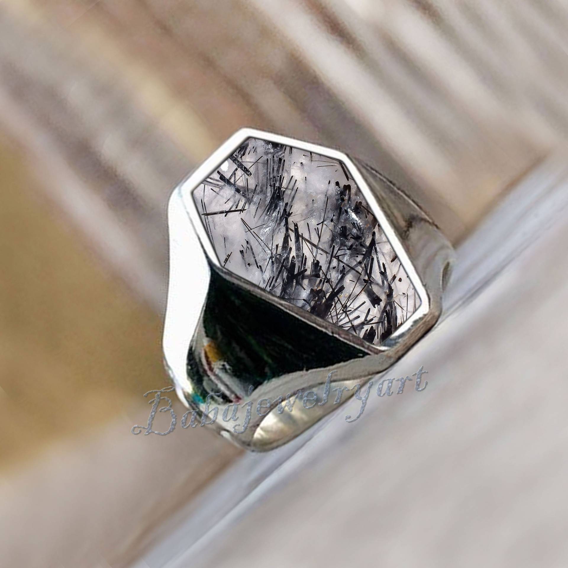 Schwarzer Rutil-Sarg Ring, Herren Und Frauen Edelstein Rutil-Quarz Ring Männer, 925 Sterling Silber Pinky Halloween von BABAJEWELLERYART