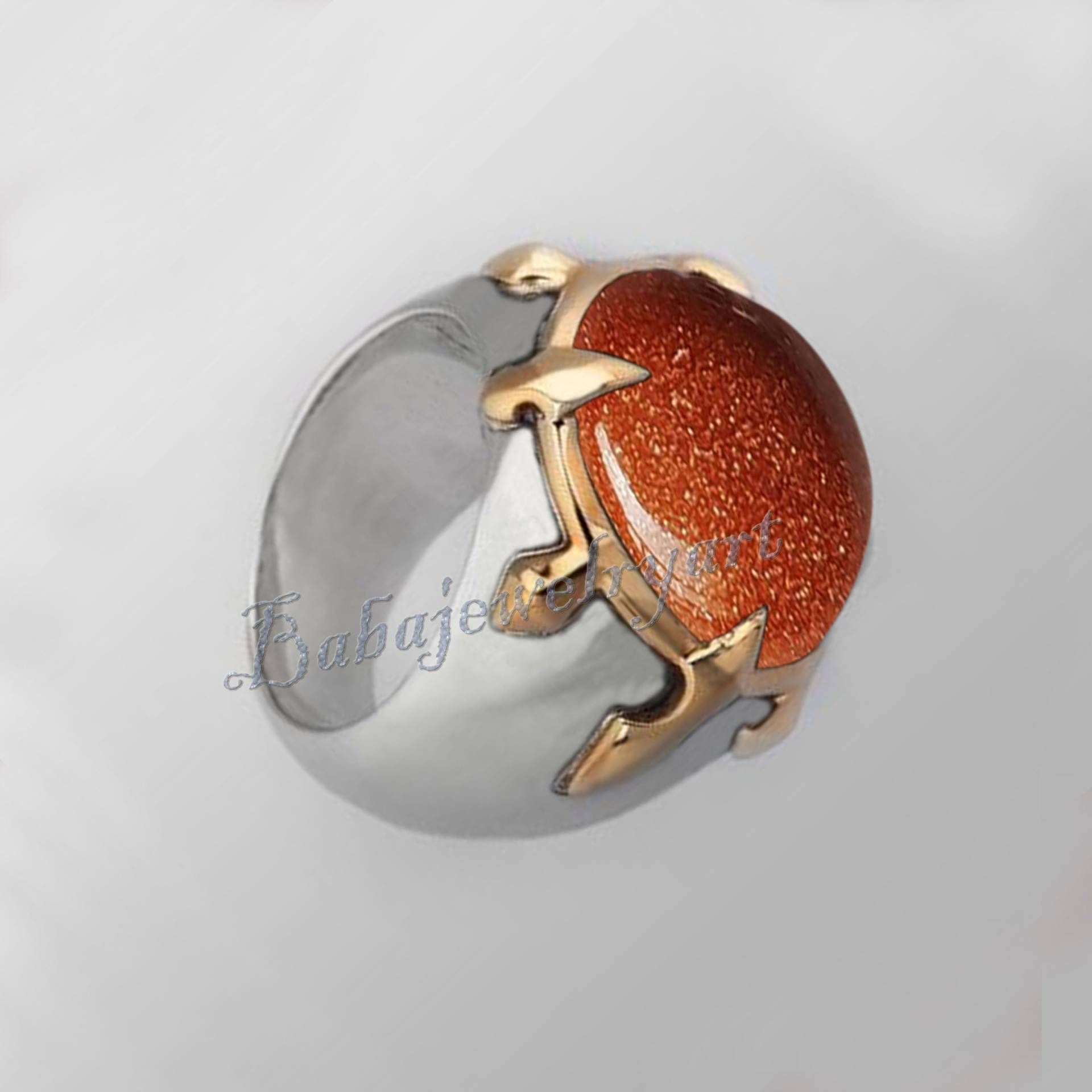 Sonnenstein Ring, 925 Sterling Silber Herren Schwerer Runder Edelstein Orange Stein Ring Herren, Design Art Deco von BABAJEWELLERYART