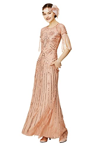 BABEYOND 1920er Jahre Damen Ballkleid - Langes Pailletten Strass Kleid Meerjungfrau Abendkleid mit Fransenärmeln, rose gold, Klein von BABEYOND