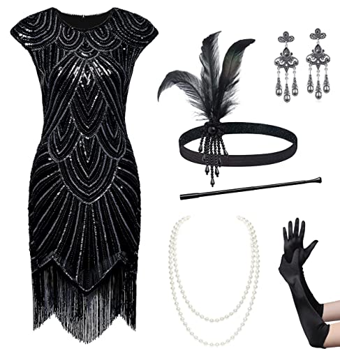 BABEYOND 1920er Jahre Damen Kleid mit Pailletten und Fransen geprägt 1920s Kleid Gatsby Kleid Damen 1920er Jahre Charleston Kleid, Set-schwarz, 50 von BABEYOND