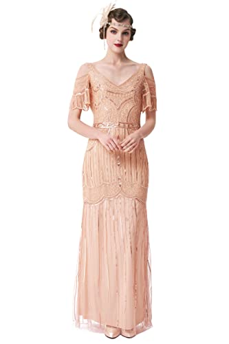 BABEYOND 1920er Jahre Flapper Cocktailkleid Lang Abendkleid Bodenlang Pailletten Kleid Gatsby Party, Roségold, Groß von BABEYOND