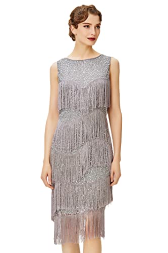BABEYOND 1920er Jahre Flapper Kleid Gatsby Fransen Kleid Brüllend 20er Jahre, Grau, X-Groß von BABEYOND