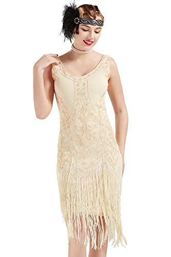 BABEYOND Flapperkleid im Stil der 1920er-Jahre, Der Große Gatsby-Kostüm, Kleid mit Fransen, verziert, Aprikose, Groß von BABEYOND