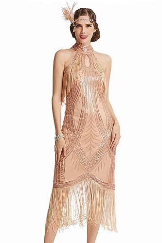 BABEYOND 1920er Jahre Flapper Kleid Langes Fransen Gatsby Kleid Vintage Art Deco Kleid, Rosegold, Klein von BABEYOND