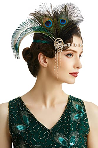 BABEYOND 1920er Jahre Flapper Kopfschmuck Stirnband - Art Deco Brüllende 20er Jahre Great Gatsby Feder Stirnband 1920er Jahre Flapper Gatsby Zubehör Grün von BABEYOND