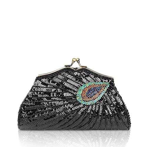 BABEYOND 1920er Jahre Flapper Pfau Clutch – Gatsby Pailletten-Abend-Handtasche mit Perlen für Abschlussball, Cocktailparty, schwarz von BABEYOND