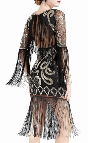 BABEYOND 1920er Jahre Flapperkleid Lange Fransen Gatsby Kleid Roaring 20er Jahre Pailletten Perlenkleid Vintage Art Deco Kleid - Schwarz - Klein von BABEYOND