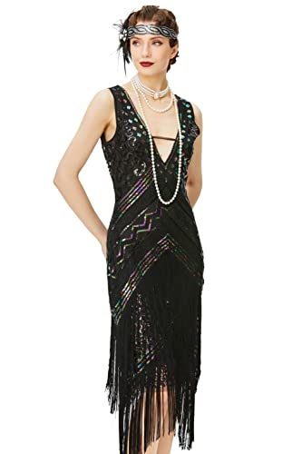 BABEYOND 1920er Jahre Flapperkleid V-Ausschnitt Pailletten Perlenkleid Roaring 20er Gatsby Fransen Partykleid - - Mittel von BABEYOND