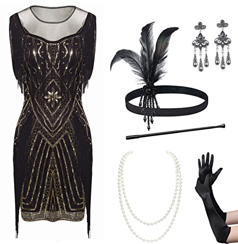 BABEYOND 1920er Jahre Gatsby Kleid Set Lang Fransen Flapper Kleid Brüllend 20er Jahre Pailletten Perlen Kleid mit Zubehör Set, Set – Schwarzgold, X-Klein von BABEYOND