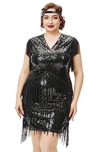 BABEYOND 1920er Jahre Plus Size Flapper Kleid Lange Fransen Gatsby Kleid Plus Pailletten Perlen Vintage Kleid, Schwarz, 4X-Groß von BABEYOND