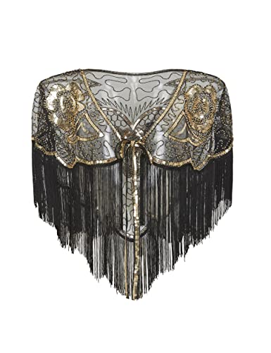 BABEYOND 1920er Jahre Schal Wraps Gatsby Perlen Abendumhang Brautschal für Abendkleider Hochzeit Party, Goldfarben / Schwarz, Eine Größe passt meistens von BABEYOND