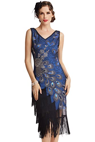 BABEYOND 1920er Jahre Vintage Pfau Pailletten Kleid Gatsby Fransen Flapper Kleid brüllend 20er Jahre Party Kleid, Blau mit schwarzen Fransen, Mittel von BABEYOND