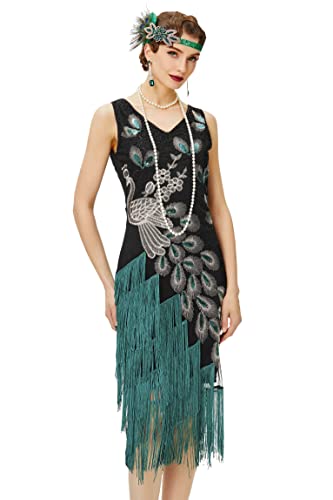 BABEYOND 1920er Jahre Vintage Pfau Pailletten Kleid Gatsby Fransen Flapper Kleid brüllend 20er Jahre Party Kleid, Schwarz mit grünen Fransen, 3X-Groß von BABEYOND