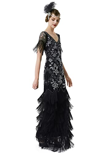 BABEYOND 1920s Damen Abendkleid Lange Fransen Pailletten Kleid Formale Maxikleid Mehrschichtiges Ballkleid, schwarz/silberfarben, Mittel von BABEYOND