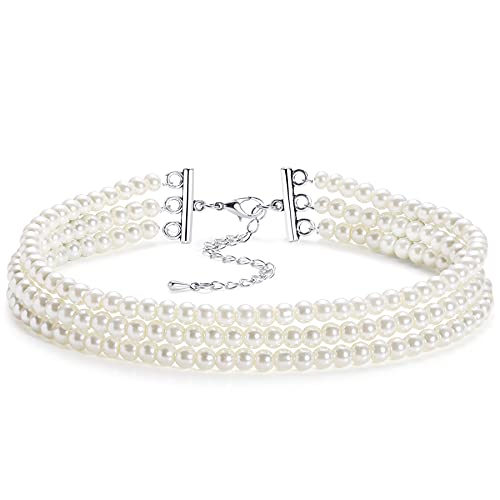 BABEYOND 1920s Damen Halskette Multi Schichte Choker Kette Hochzeit Braut Schmuck Accessoires Imitation Perlen Kette Elegant Retro Stil Fasching Kostüm Zubehör (Stil 2) von BABEYOND