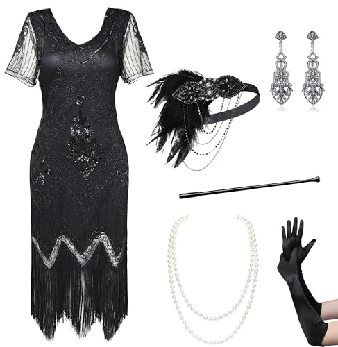 BABEYOND 1920s Kleid Damen Flapper Kleid mit Kurzem Ärmel Gatsby Motto Party Damen Kostüm Kleid Set (Schwarz,XL) von BABEYOND