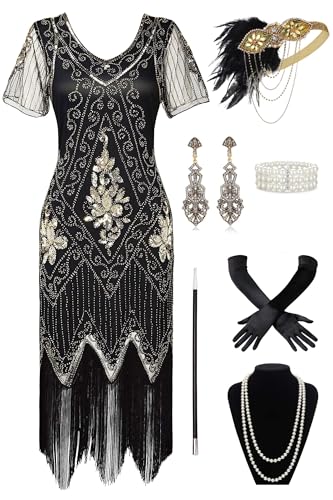 BABEYOND 1920s Kleid Damen Flapper Kleid mit Kurzem Ärmel Gatsby Motto Party Damen Kostüm Kleid Set (SchwarzGold,M) von BABEYOND