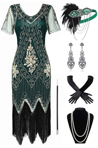 BABEYOND 1920s Damen Flapper Partykleid mit Kurzem Ärmel - Gatsby Motto Kostüm Set mit Kleid von BABEYOND