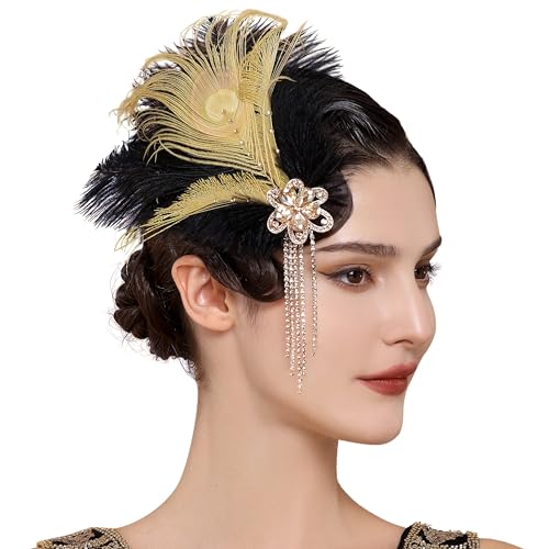 BABEYOND 1920s Peacock Feder Haarnadel - Diamant Quaste Haarspange Prom Damen Vintage Feder Kopfstück Schwarz-Gold von BABEYOND