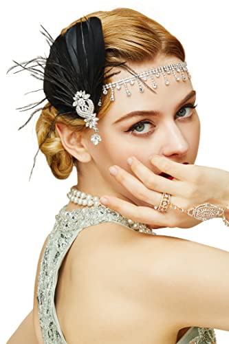 BABEYOND 1920s Stirnband Damen Gatsby Kostüm Accessoires 20er Jahre Flapper Feder Haarband (Schwarz) von BABEYOND