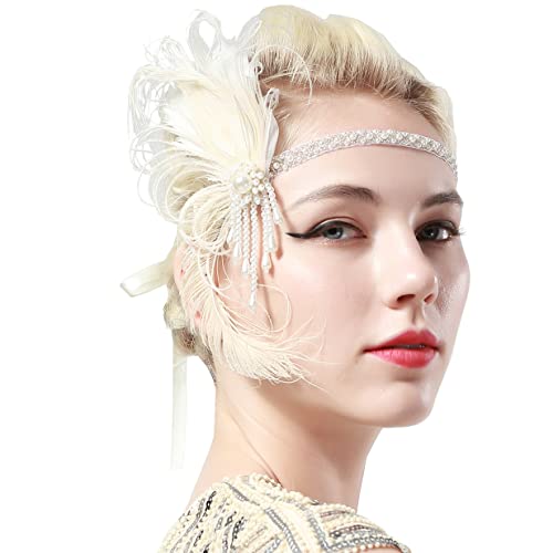 BABEYOND 1920s Stirnband Feder mit Strass und Perlen Damen 20er Jahre Stil Flapper Charleston Haarband Great Gatsby Damen Fasching Kostüm Accessoires von BABEYOND