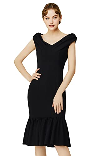 BABEYOND 1950er Jahre Kleider für Damen - Vintage Kleid mit Wasserfallkragen Rüschensaum Kleid Cocktail formelles Kleid, schwarz, X-Groß von BABEYOND