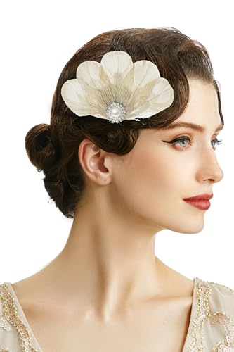 BABEYOND 20s Gatsby Flapper Kopfschmuck - 1920er Pfauenfeder Haarspange Damen Haarnadel mit Strasssteinen Beige von BABEYOND